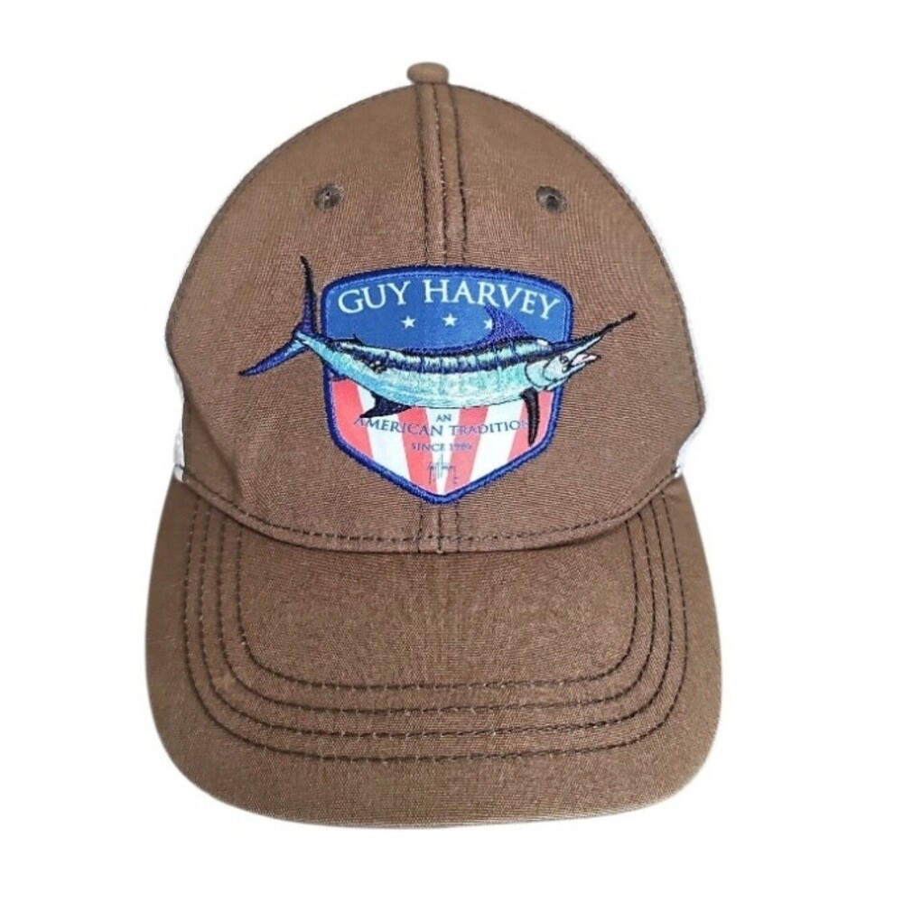 Guy Harvey Marlin Trucker Hat Brown Mesh Snapback Fishing Coastal Americana Cap